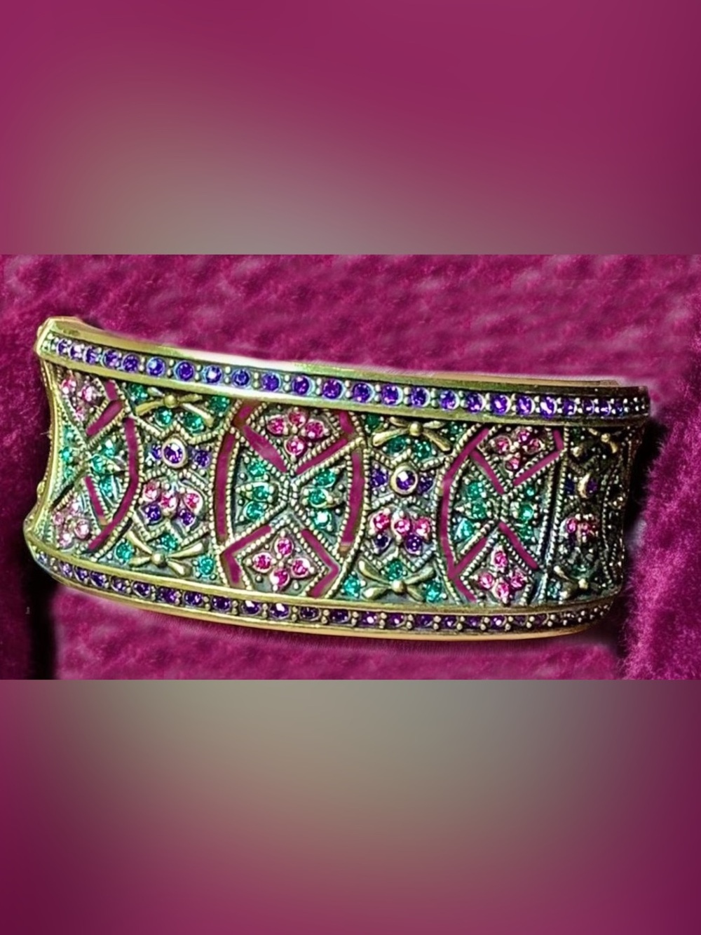 Heidi Daus Ornate Pink and Green Swarovski Crystal Cuff Bracelet . NWOT.